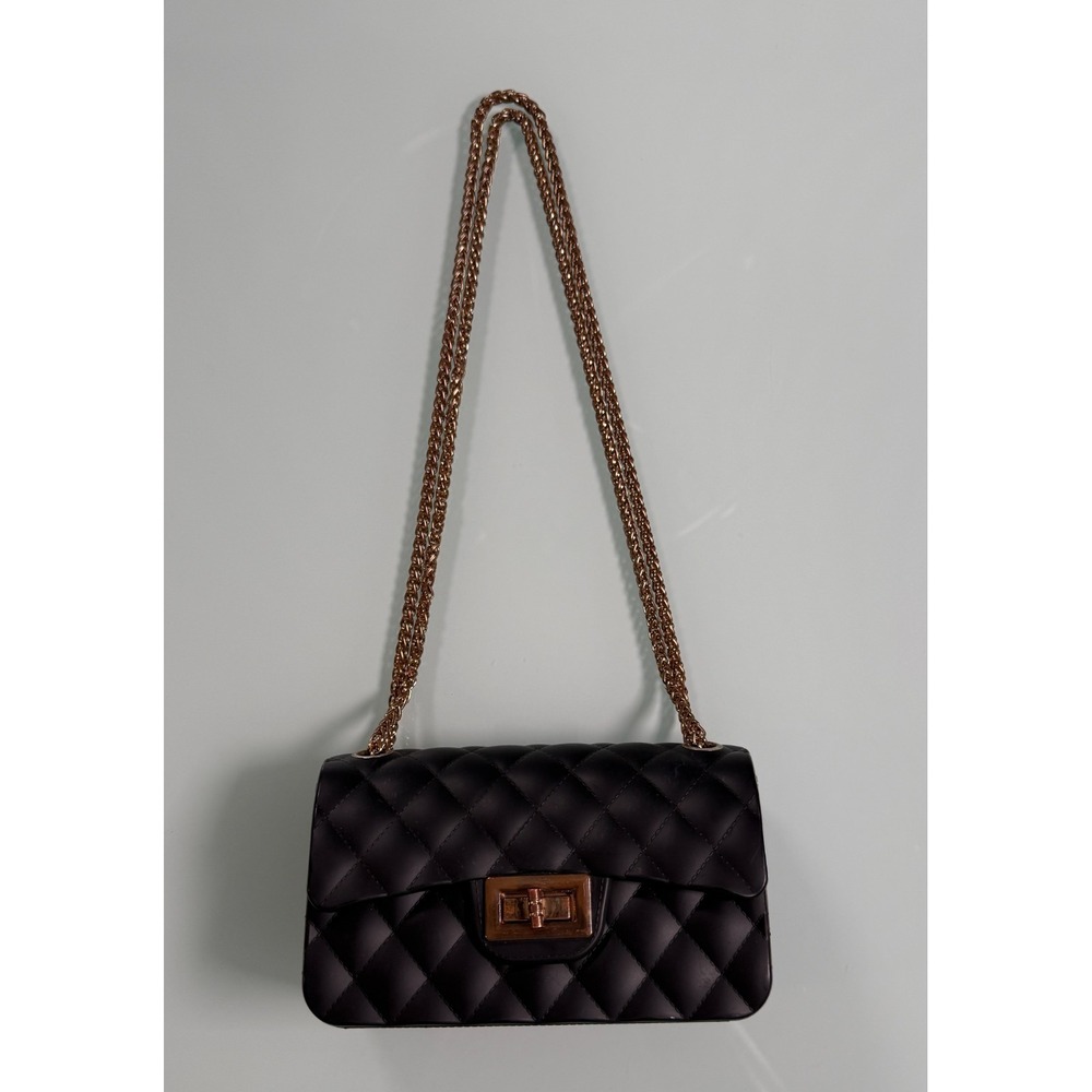 Small Quilted Crossbody Bag Black Faux Leather Gold Tone Chain Strap Turn Lock